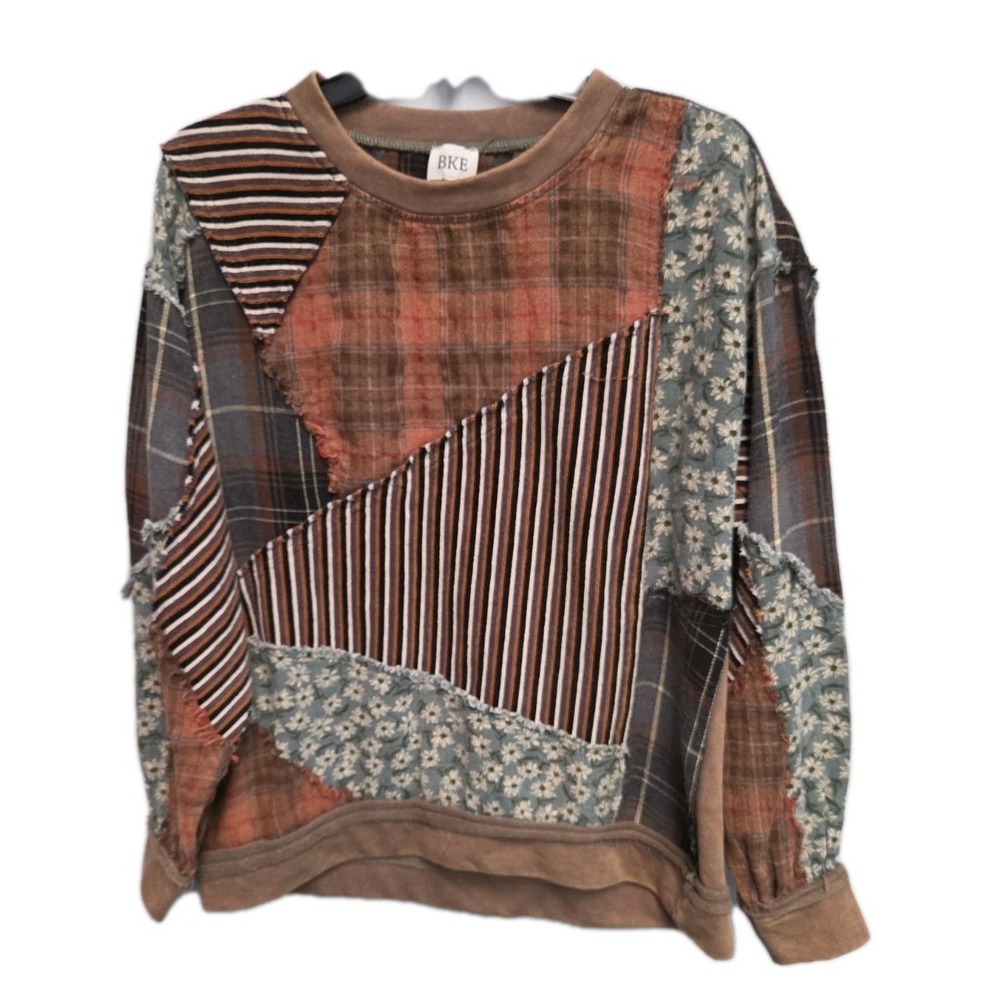Buckle BKE Womens S Mixed Plaid Pullover Crewneck Sweatshirt Patchwork Pattern